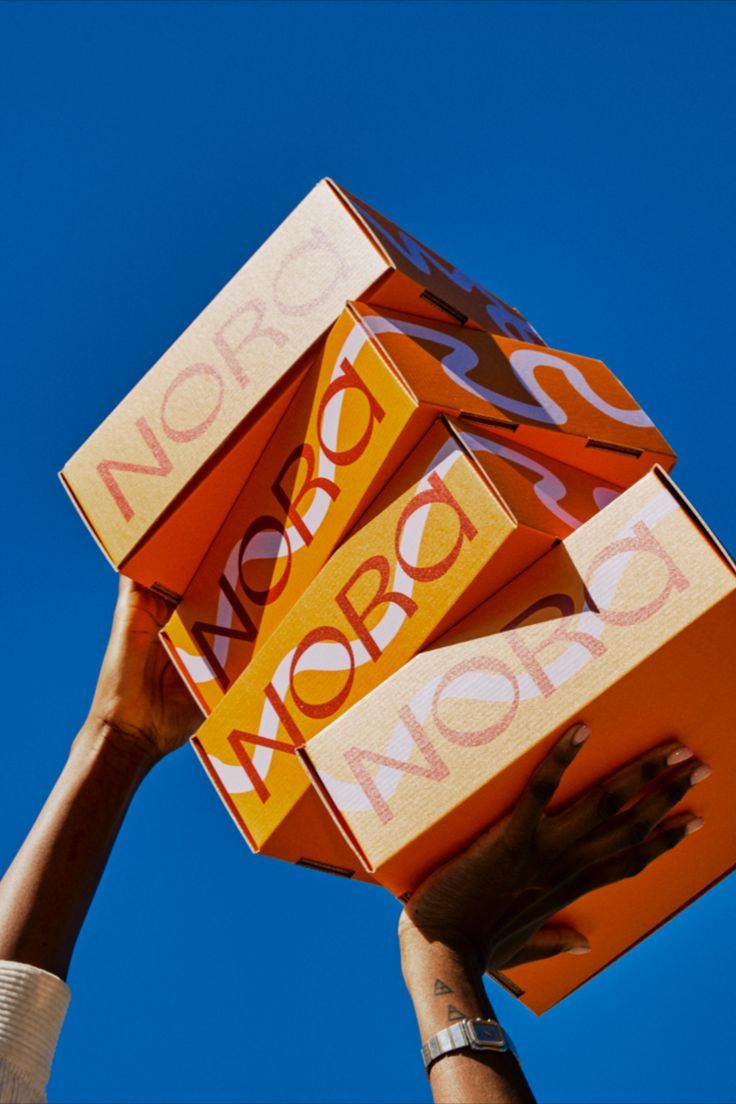 Arms raised holding a stack of NORA shoe boxes to a bright blue sky — triumphant found-treasure moment